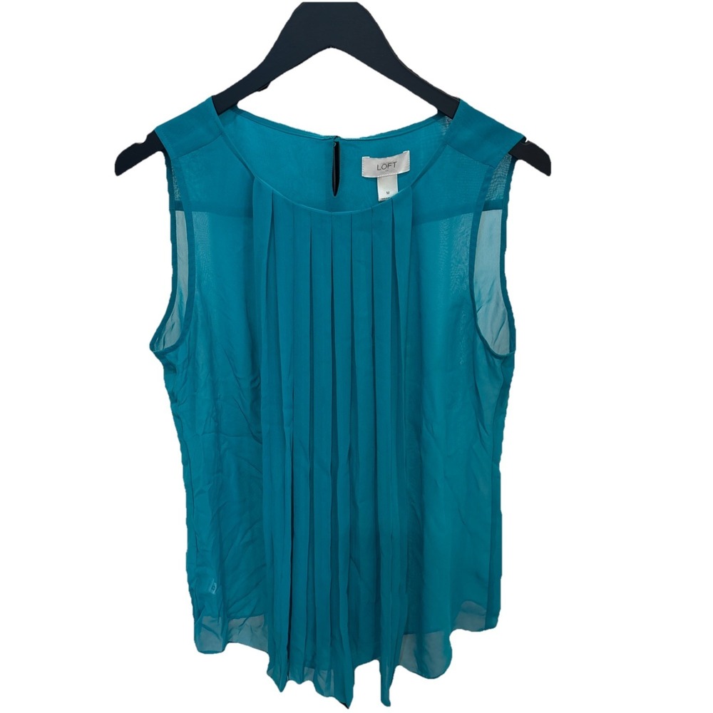 Loft Women's Medium Sleeveless Teal Pleated Sheer Tank Blouse Career Minimalist